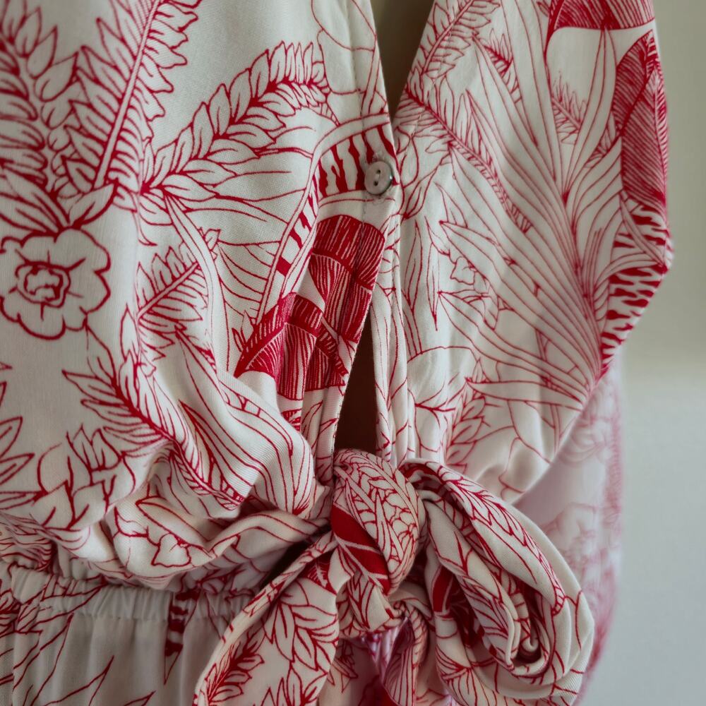 Khush Floral Tiered Midi Dress Size L White Red V-neck Boho Cottage Resort - Picture 6 of 12